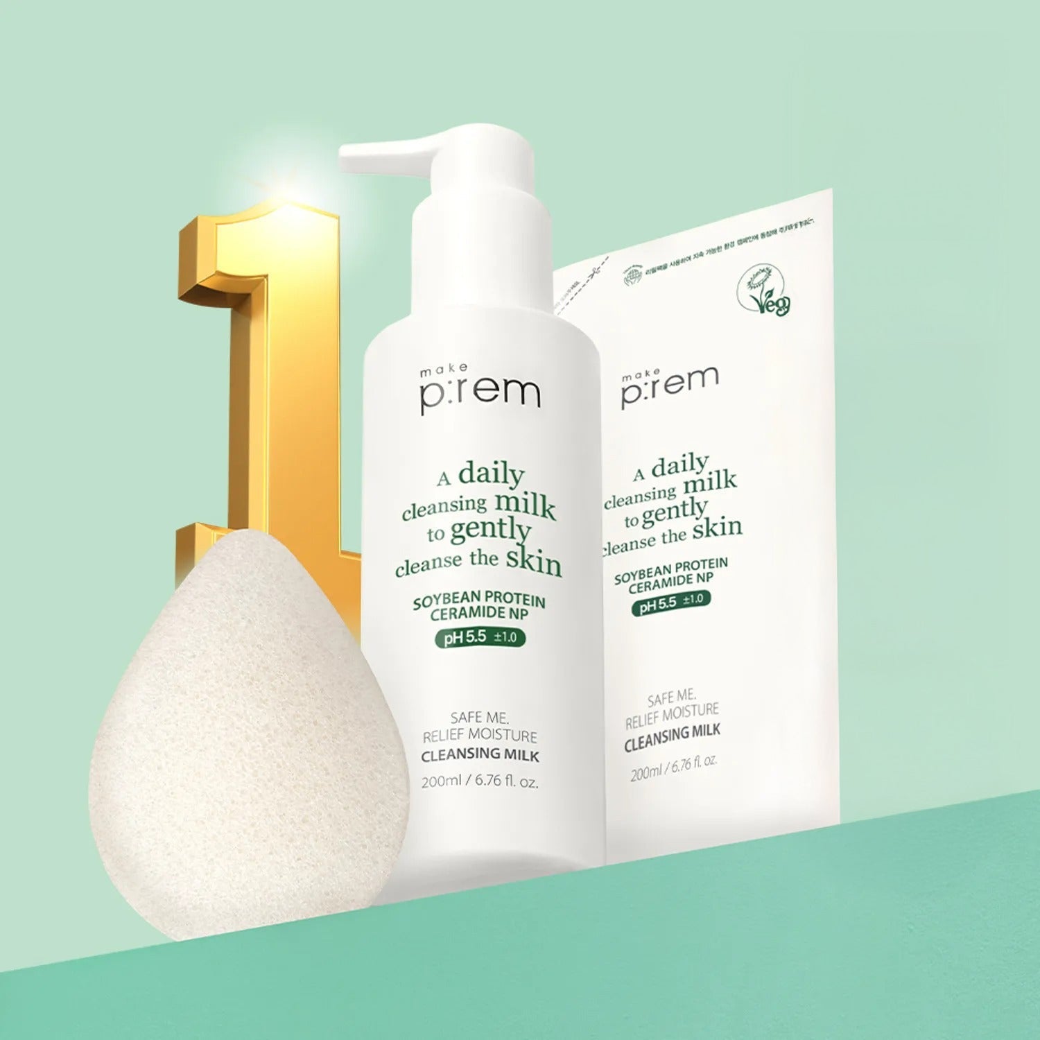makeprem Safe Me Relief Moisture Cleansing Milk 200ml Set (+Refill 200ml+Konjac Sponge)