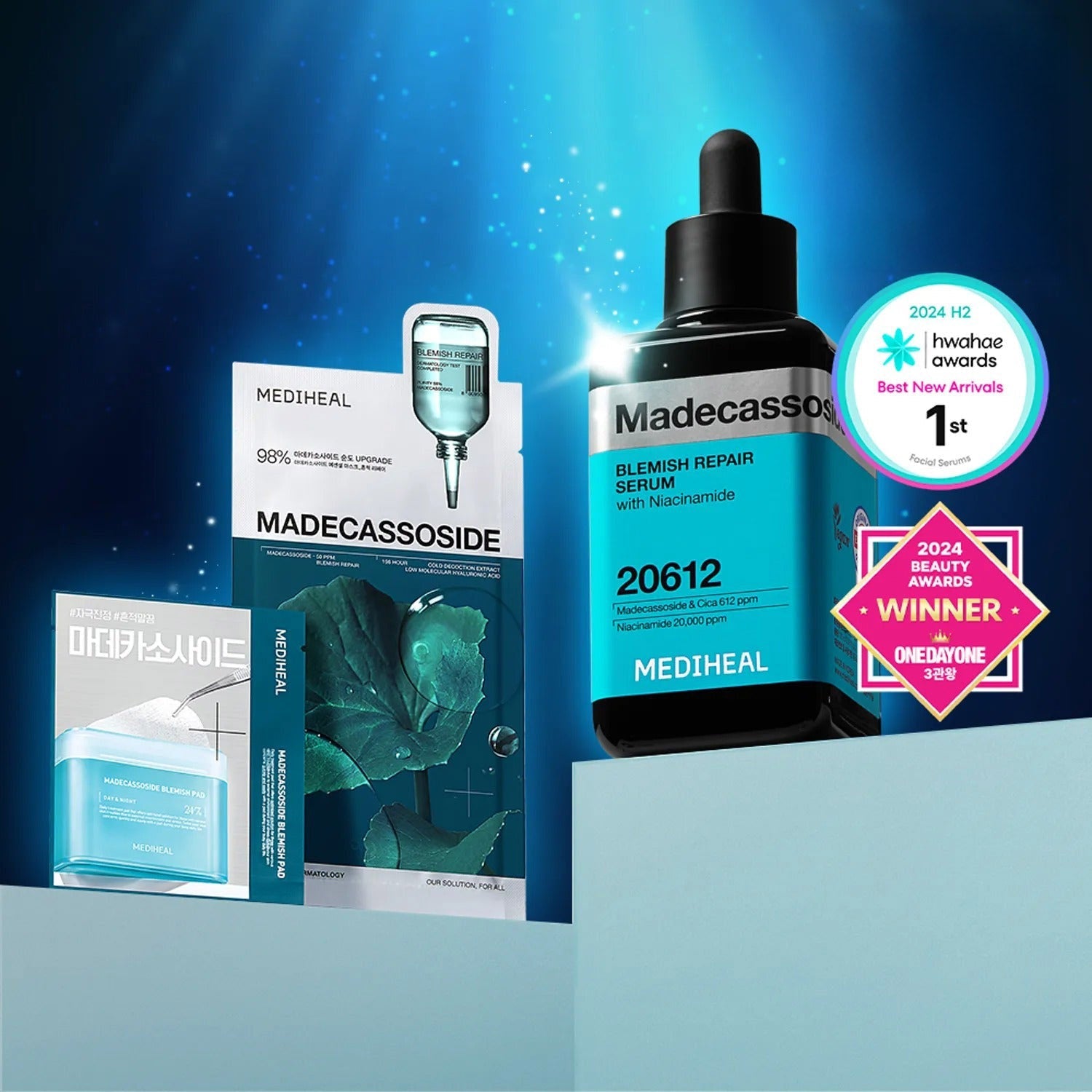 MEDIHEAL Madecassoside Blemish Repair Serum 100ml Set (+2 Toner Pads, 1 Face Mask)