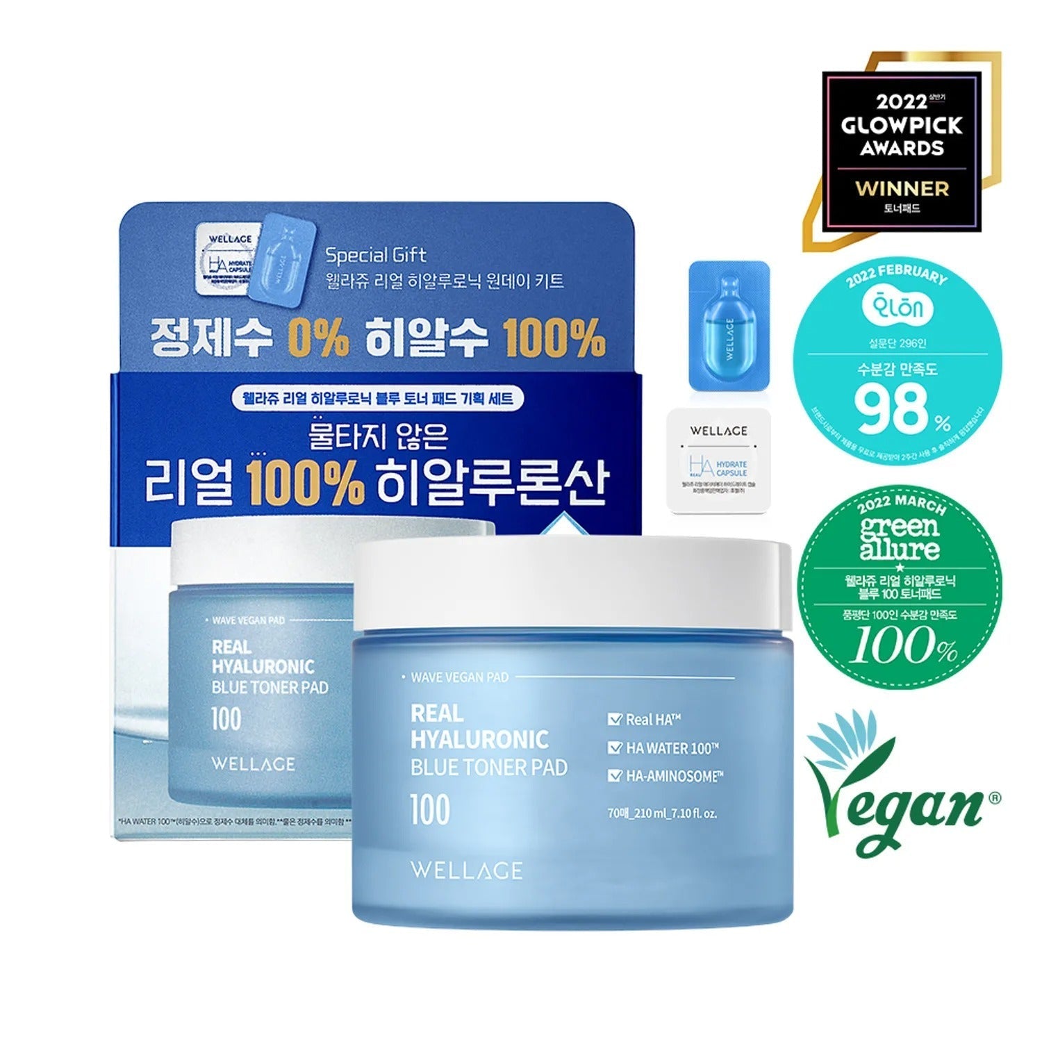 WELLAGE Real Hyaluronic Blue Toner Pad Special Set (70 Sheets + One Day Kit 1ea)